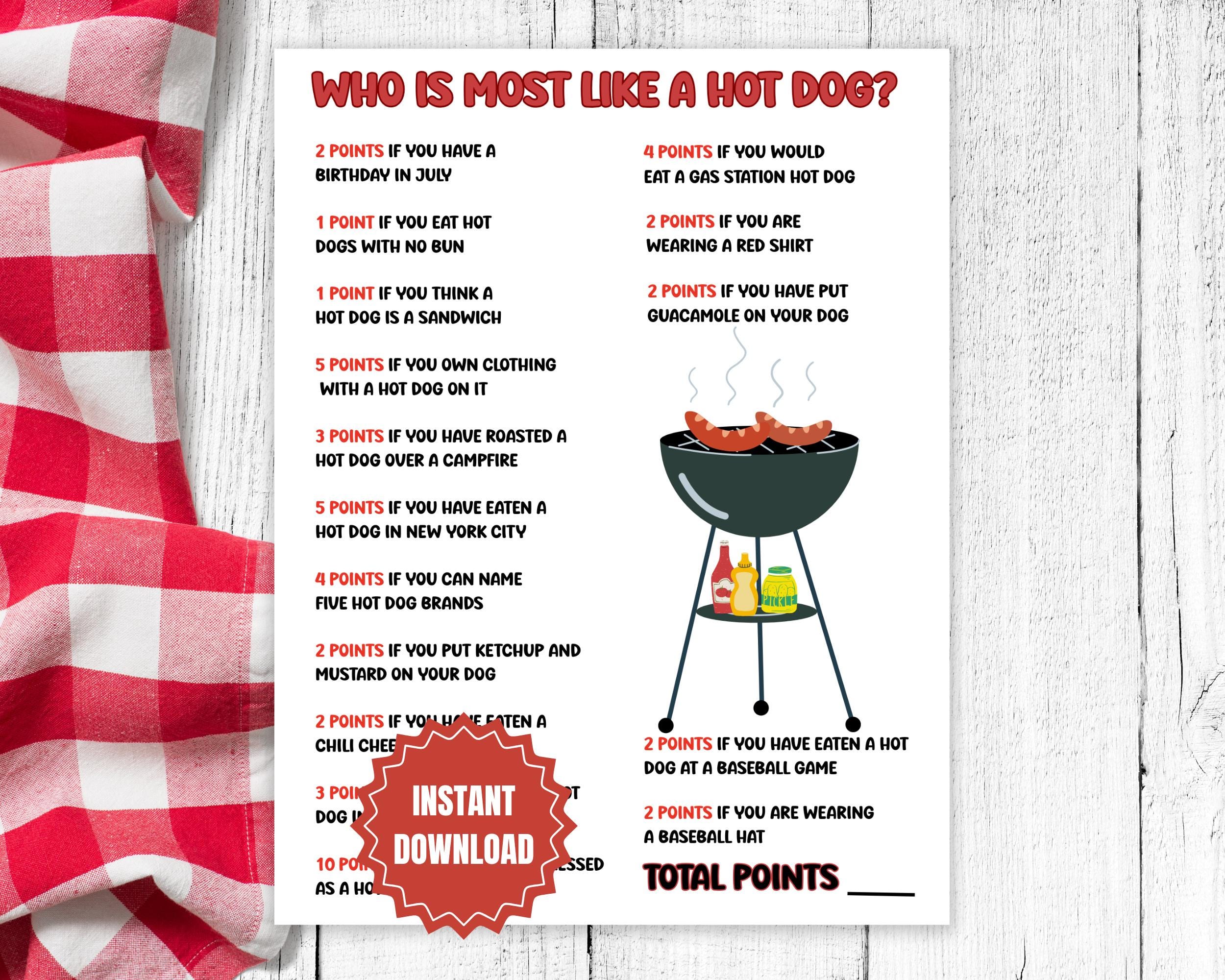 Wer ist am liebsten einen Hot Dog, Familien-Picknick-Spiel, Grill-Spiel, Nationaler Hot Dog-Tag, Hot Dog-Partyspiele, Spiel zum vierten Juli, Eisbrecher