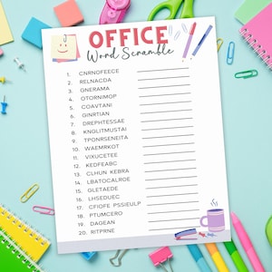 May include: A white paper with the title "OFFICE Word Scramble" and numbered word puzzles. The image is surrounded by colorful office supplies, including pencils, sticky notes, and notebooks, on a light blue surface.