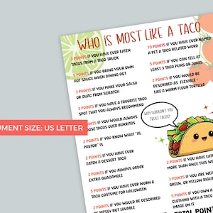 K&ouml;nnte beinhalten: Ein wei&szlig;es Blatt im US-Letter-Format mit einem Taco-Spiel. Das Spiel mit dem Titel "Wer ist am meisten wie ein Taco" zeigt eine Cartoon-Taco-Illustration und verschiedene punktbasierte Fragen zu Taco-Vorlieben und -Gewohnheiten.