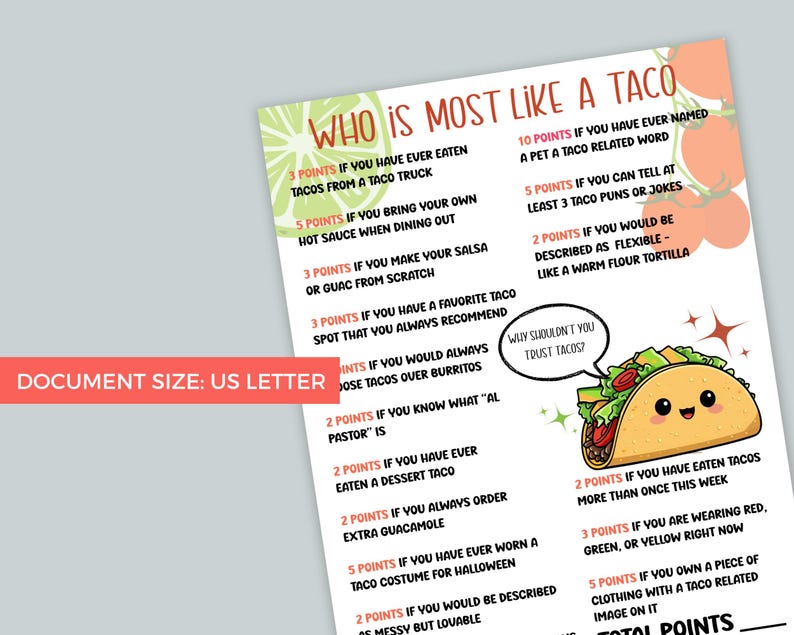 K&ouml;nnte beinhalten: Ein wei&szlig;es Blatt im US-Letter-Format mit einem Taco-Spiel. Das Spiel mit dem Titel "Wer ist am meisten wie ein Taco" zeigt eine Cartoon-Taco-Illustration und verschiedene punktbasierte Fragen zu Taco-Vorlieben und -Gewohnheiten.