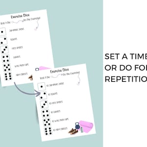 May include: Two printable exercise dice cards with instructions to roll a die and do the exercise. The cards list exercises like jumping jacks, squats, heel raises, lunges, wall push ups, and arm circles. The text "SET A TIMER OR DO FOR REPETITIONS!" is at the bottom of the image.