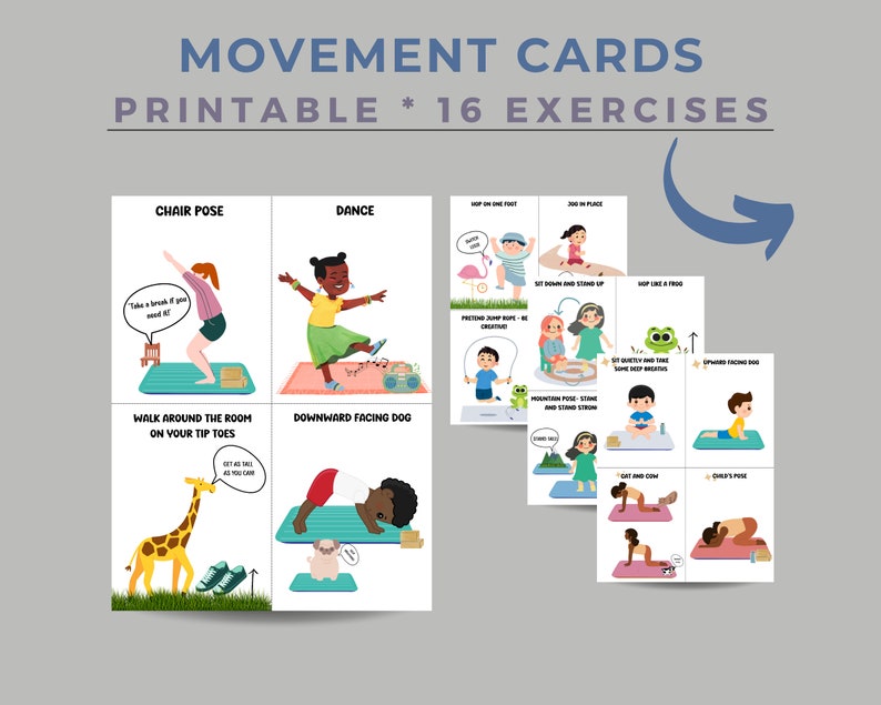 Four pieces of paper with images of children doing different physical activities for a movement card printable.