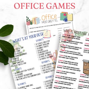 Puede incluir: Se muestran tres juegos de oficina imprimibles, incluyendo "Office Most Likely To...", "What's at Your Desk" y "Who is Most Like a Cup of Coffee?". Los juegos presentan texto y gráficos coloridos, perfectos para actividades de team building en la oficina.