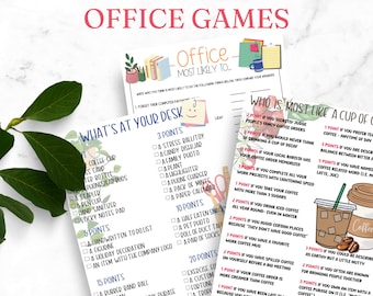 May include: Three printable office games are displayed, including "Office Most Likely To...", "What's at Your Desk", and "Who is Most Like a Cup of Coffee?". The games feature colorful text and graphics, perfect for office team-building activities.