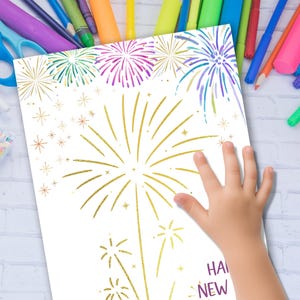 May include: A white card with a gold glitter design of fireworks and the text "Happy New Year".