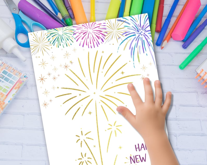 May include: A white card with a gold glitter design of fireworks and the text "Happy New Year".