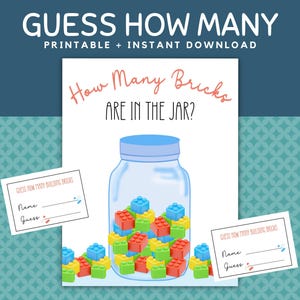 A piece of paper with a jar and some building bricks and guessing cards for a guess how many game.