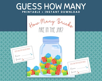 Guess How Many In The Jar, Birthday Party Game, Building Blocks Guessing Game, Guess How Many Building Bricks, Building Block Birthday