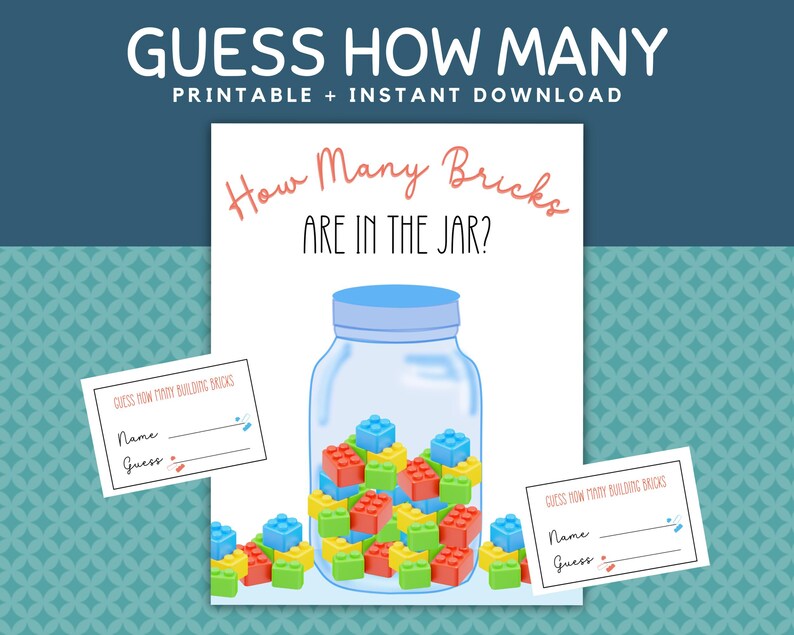 A piece of paper with a jar and some building bricks and guessing cards for a guess how many game.
