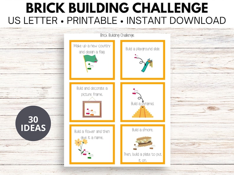May include: Printable brick building challenge cards with 30 ideas for building projects. The cards have yellow borders and feature illustrations of the projects, such as a playground slide, a pyramid, a flower, and a smore.