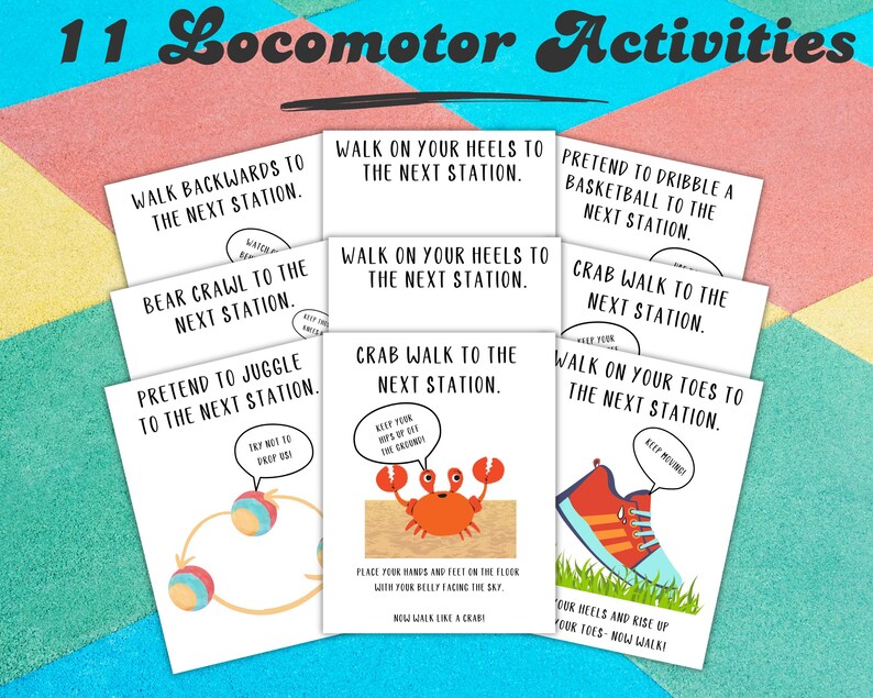 Puede incluir: Once tarjetas imprimibles con instrucciones para actividades locomotoras. Cada tarjeta presenta una actividad diferente, como caminar hacia atr&aacute;s, gatear como un oso, caminar como un cangrejo y caminar de puntillas. Las tarjetas est&aacute;n dise&ntilde;adas para su uso en el aula o en casa.