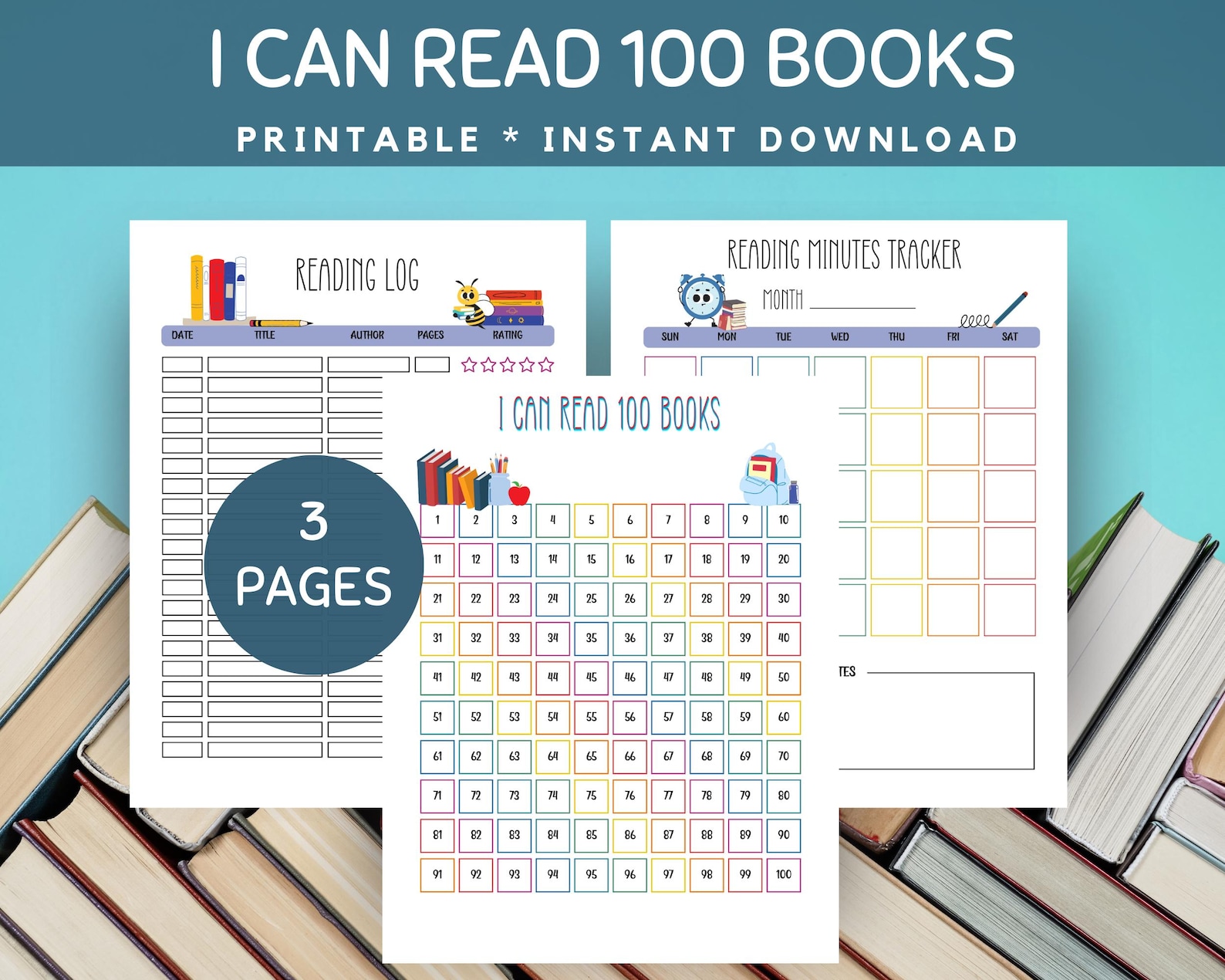 100 Book Reading Challenge Printable, Kids Reading Log (digital ...
