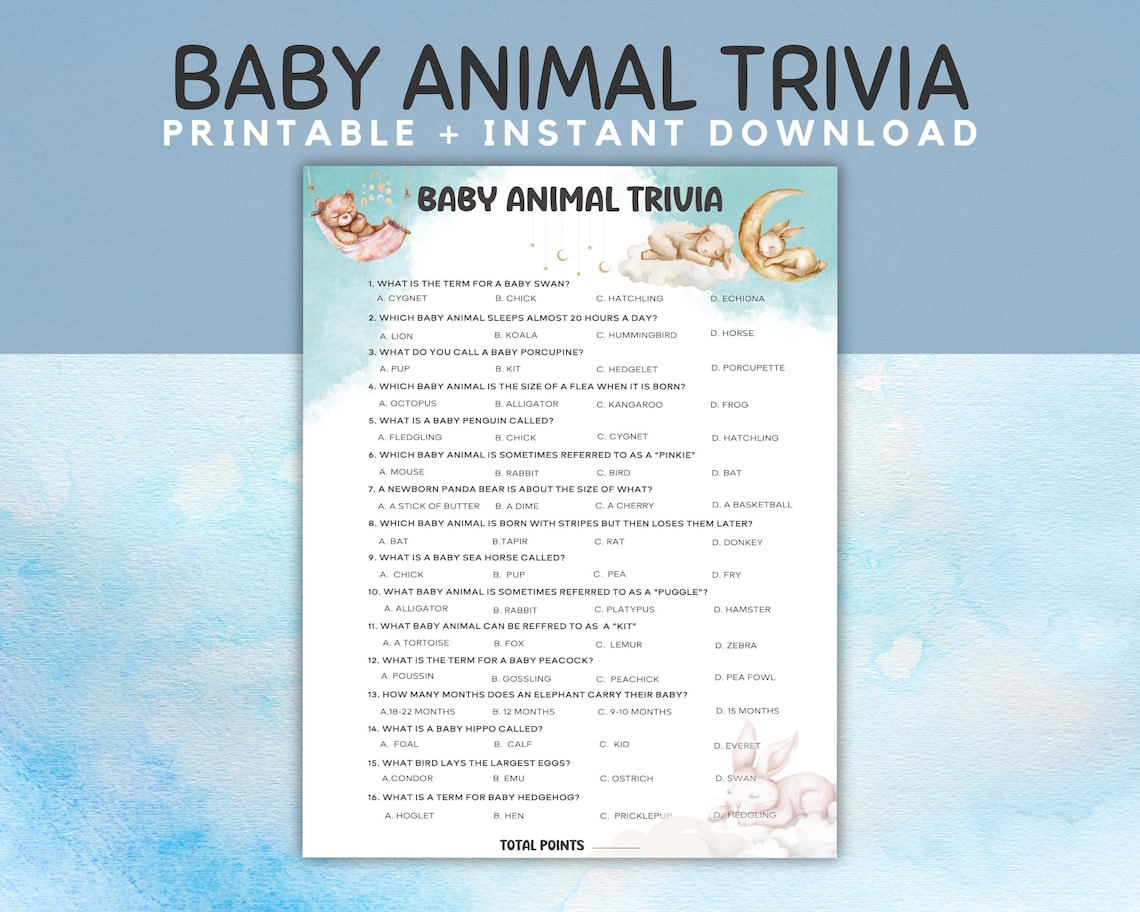 Baby Animal Trivia, Animal Themed Birthday Game, Baby Shower Game