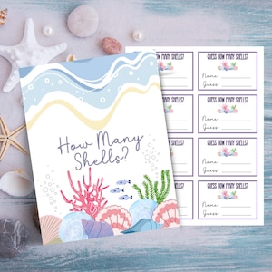 Indovina quante conchiglie, Baby shower in riva al mare, Gioco per feste in spiaggia, Premio a sorpresa, Gioco per addio al nubilato in spiaggia, Cartello "Quante conchiglie" e carte per indovinare