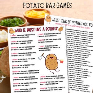 May include: A fun, illustrated game set with the title "POTATO BAR GAMES." The set includes two game sheets: "Who is Most Like a Potato?" and "What Kind of Potato Are You?" Bowls of potatoes and toppings are in the background.