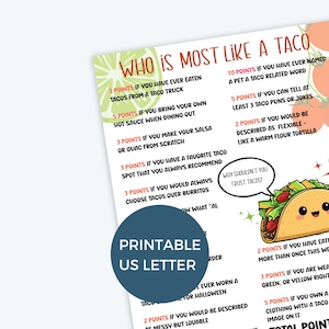 K&ouml;nnte beinhalten: Ein druckbares Spielblatt im US-Letter-Format mit dem Titel &bdquo;Wer ist am meisten wie ein Taco?&ldquo; zeigt eine Limettenscheibe, Tomaten und einen Cartoon-Taco. Das Spiel beinhaltet punktbasierte Fragen zu Taco-Vorlieben und -Gewohnheiten.