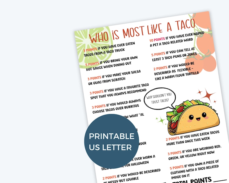 K&ouml;nnte beinhalten: Ein druckbares Spielblatt im US-Letter-Format mit dem Titel &bdquo;Wer ist am meisten wie ein Taco?&ldquo; zeigt eine Limettenscheibe, Tomaten und einen Cartoon-Taco. Das Spiel beinhaltet punktbasierte Fragen zu Taco-Vorlieben und -Gewohnheiten.