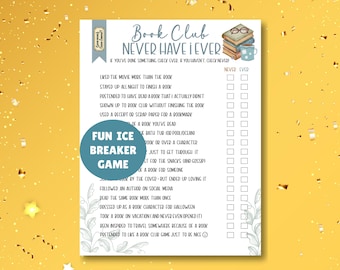 Puede incluir: Una hoja de juego imprimible de "Nunca he" para un club de lectura. El diseño presenta una pila de libros, una taza y elementos florales decorativos. El juego incluye indicaciones como "Me gustó más la película que el libro" y "Fingí haber leído un libro."