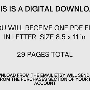 Puede incluir: Texto sobre un fondo blanco que dice: "Esta es una descarga digital. Recibir&aacute;s un archivo PDF en tama&ntilde;o carta 8,5 x 11 pulgadas. 29 p&aacute;ginas en total. Descarga desde el correo electr&oacute;nico que Etsy te enviar&aacute; o desde la secci&oacute;n de compras de tu cuenta de Etsy."