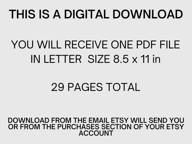 Puede incluir: Texto sobre un fondo blanco que dice: "Esta es una descarga digital. Recibir&aacute;s un archivo PDF en tama&ntilde;o carta 8,5 x 11 pulgadas. 29 p&aacute;ginas en total. Descarga desde el correo electr&oacute;nico que Etsy te enviar&aacute; o desde la secci&oacute;n de compras de tu cuenta de Etsy."