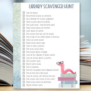 May include: A white printed sheet titled "Library Scavenger Hunt" with a list of library-related activities. A cartoon worm wearing glasses sits atop a stack of books. The background includes open books.