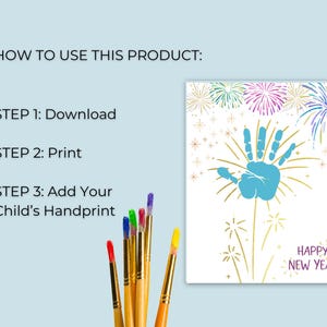 May include: A printable New Year's Eve handprint craft with a blue handprint and gold fireworks. The text "Happy New Year" is at the bottom of the image.