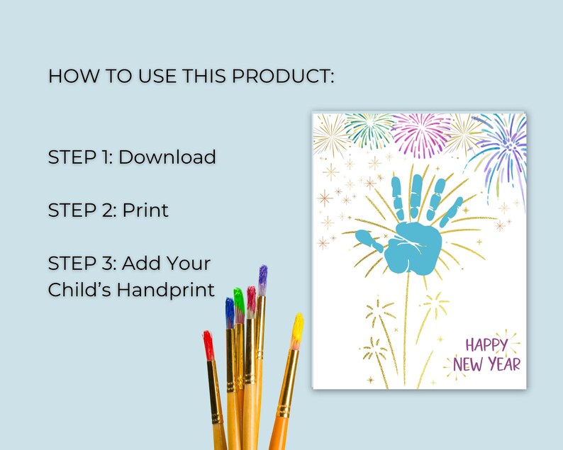 May include: A printable New Year's Eve handprint craft with a blue handprint and gold fireworks. The text "Happy New Year" is at the bottom of the image.