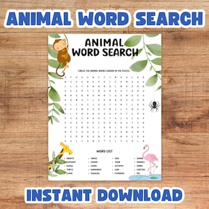 Word Search For Kids, Animal Word Search, Printable Worksheet For Kid, Classroom Activity Sheet, Printable Word Search, Elementary Worksheet