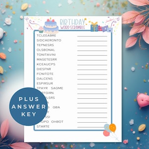 Birthday Word Scramble, Birthday Activity, Birthday Printable, Word Scramble, Birthday Word Scramble With Answers, Birthday Word Game