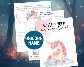 What Is Your Unicorn Name Printable Sign and Name Tags, Girl Birthday Party Decor, Unicorn Party Game