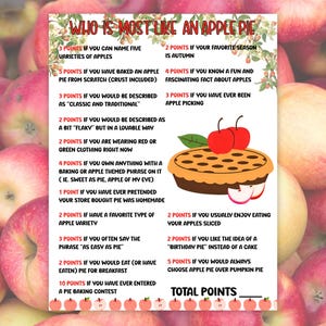 May include: A colorful game card titled "Who Is Most Like An Apple Pie" with text and illustrations. The card features a pie graphic and a list of questions to determine how much you like apple pie.