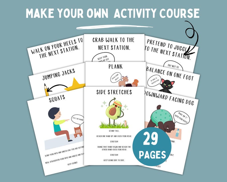 Nine pieces of paper for a make your own physical activity course with images including a boy doing a squat, a bear practicing yoga, and a avocado stretching.