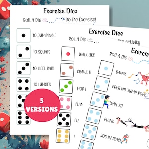 Oefening voor kinderen, afdrukbaar dobbelspel voor kinderen, bewegingsactiviteit voor kinderen, fitness dobbelstenen, worp een oefening, gym-spelletjes, hersenkraker