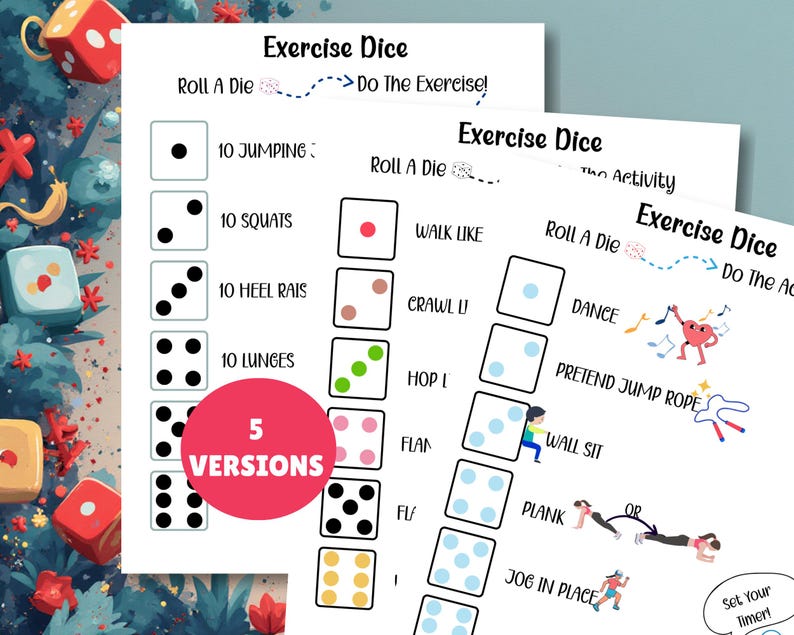 Three pieces of paper with images of exercises, animals and dice for an exercise dice activity for kids,
