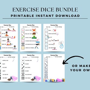 May include: Printable exercise dice bundle with six different dice templates. Each dice template has a different set of exercises to choose from. The dice templates include yoga poses, animal movements, and traditional exercises. The text "OR MAKE YOUR OWN" is included on the image.