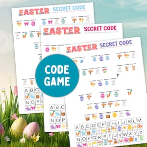 Peut inclure: Trois feuilles de papier avec un jeu de code secret sur le thème de Pâques. Le mot "EASTER" est en lettres colorées en haut. Un cercle bleu avec les mots "CODE GAME" est au centre. Le jeu comprend des images d'œufs de Pâques, de carottes et de lapins.