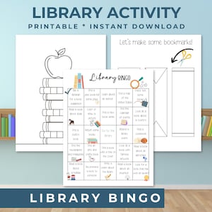 Biblioteca de primaria, imprimibles de la biblioteca, búsqueda del tesoro en la biblioteca, bingo de la biblioteca para niños, bingo de libros, actividad para días lluviosos, juego de biblioteca para niños