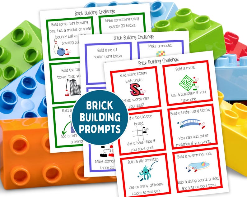 Three pieces of paper with cards to cut out for a brick building challenge against a blue background with bricks.