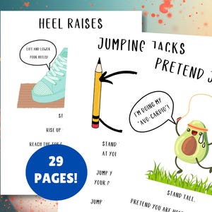 Three pieces of paper for a make your own physical activity course with images including a jumping rope, jumping jacks and heel raises for a set of 29 pages.