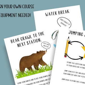 Puede incluir: Cartas imprimibles con instrucciones para un circuito de obst&aacute;culos para ni&ntilde;os. Las cartas presentan ilustraciones de un oso arrastr&aacute;ndose, saltos de tijera y un descanso de agua. El texto en las cartas dice "Bear Crawl to the Next Station", "Jumping Jacks" y "Water Break. Don't forget to hydrate!"
