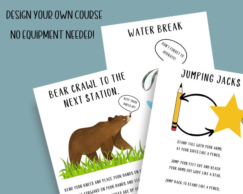 Puede incluir: Cartas imprimibles con instrucciones para un circuito de obst&aacute;culos para ni&ntilde;os. Las cartas presentan ilustraciones de un oso arrastr&aacute;ndose, saltos de tijera y un descanso de agua. El texto en las cartas dice "Bear Crawl to the Next Station", "Jumping Jacks" y "Water Break. Don't forget to hydrate!"