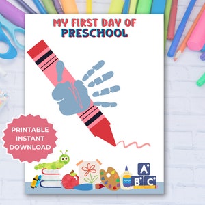 First Day Of Preschool Handprint, Printable Handprint Art For Kids, Preschool Art, Memory Keepsake, First Day Of School, Handprint Preschool