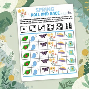 Juego de dados de carrera y rollito de primavera, juego de aula imprimible para niños, rollito de primavera y portada
