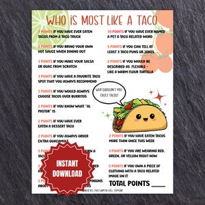 A piece of paper for a who is most like a taco printable game with an image of a cute taco.