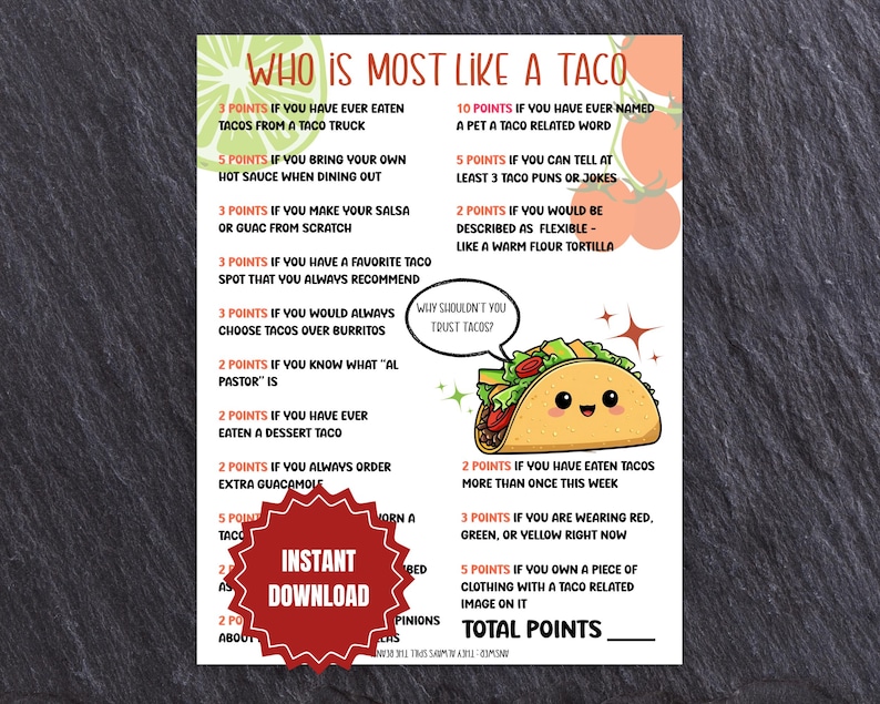 A piece of paper for a who is most like a taco printable game with an image of a cute taco.