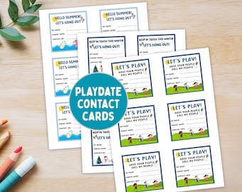 Tarjetas de contacto imprimibles para citas de juegos infantiles, tarjetas de presentación para vacaciones de verano en preescolar