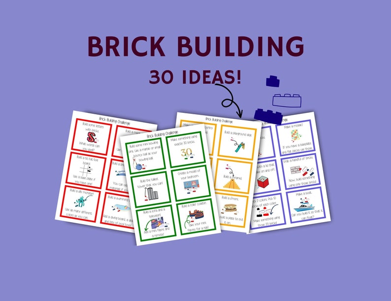 Four pieces of paper with various images including a volcano, a skyscraper, a bowling ball, and a s'more for a brick building challenge ideas.