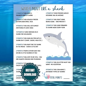 Shark Games, Who Is Most Like The Shark, Printable Shark Themed Icebreaker Game, Shark Week Games, Shark Birthday, Shark Activities