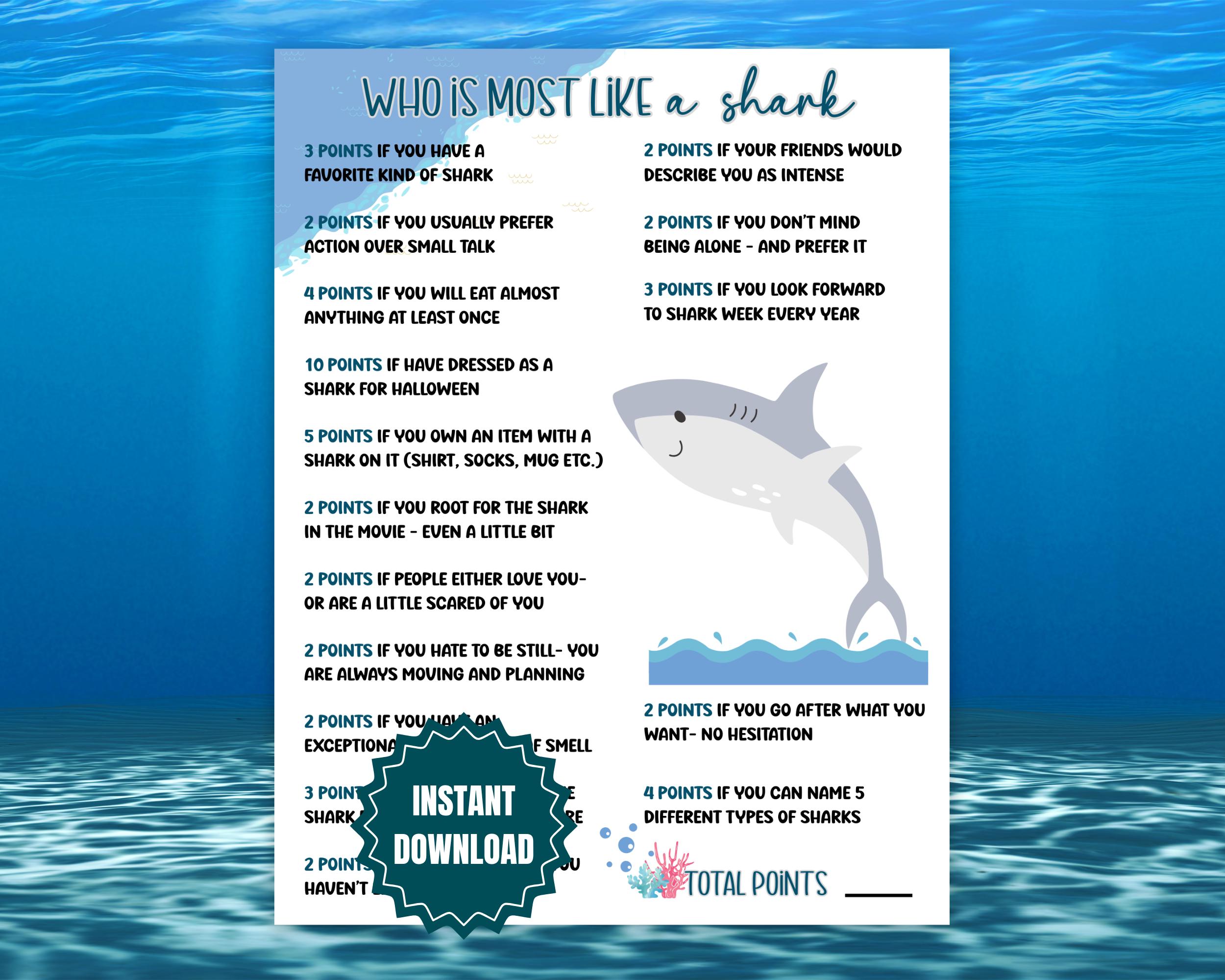 Shark Games, Who Is Most Like The Shark, Printable Shark Themed Icebreaker Game, Shark Week Games, Shark Birthday, Shark Activities