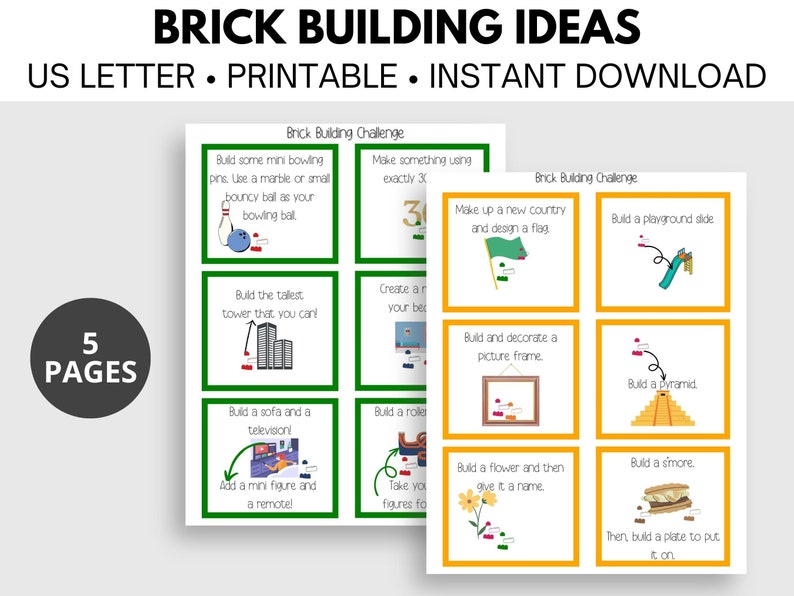 May include: A printable set of 5 pages with building challenges for kids using bricks. Each page has a green or yellow background with a picture and instructions for a building challenge. Some examples include building a bowling alley, a tower, a sofa and television, a roller coaster, a playground slide, a pyramid, a picture frame, a flower, and a s'more.